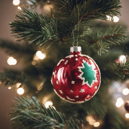 Close-UP of Christmas Tree, Red and Green Ornaments against a Defocused Lights Backgroundの素材