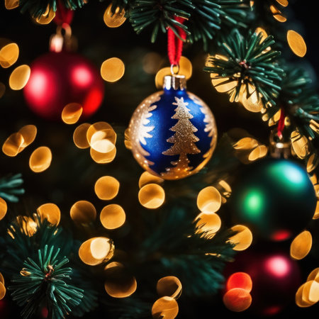 Close-UP of Christmas Tree multicolor Ornaments against a Defocused Lights Backgroundの素材