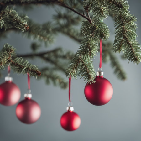 Close-UP of Christmas Tree, Red Ornaments against a Defocused Lights Backgroundの素材