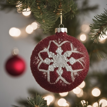 Close-UP of Christmas Tree, Red Ornaments against a Defocused Lights Backgroundの素材