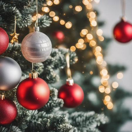 Close-UP of Christmas Tree, Red Ornaments against a Defocused Lights Backgroundの素材