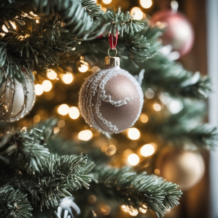 Close-UP of Christmas Tree, Gold and Silver Ornaments against a Defocused Lights Backgroundの素材