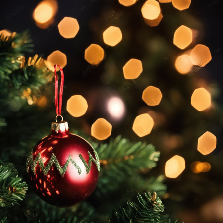 Close-UP of Christmas Tree, Red Ornaments against a Defocused Lights Backgroundの素材