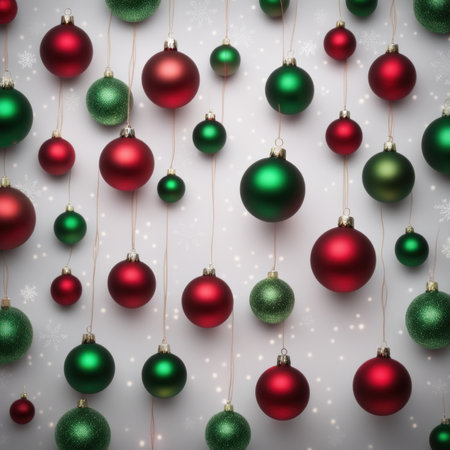 Close-UP of Christmas Tree, Red and Green Ornaments against a Defocused Lights Backgroundの素材