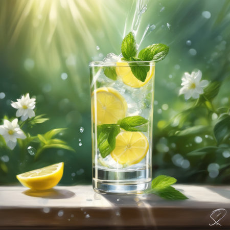 Homemade refreshing lemonade with lemon slice, mint leaves and ice cubes in a glass with kitchen blurred background,の素材