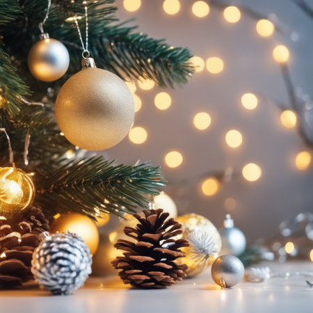 Close-UP of Christmas Tree, Gold Ornaments against a Defocused Lights Backgroundの素材