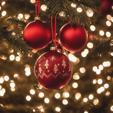 Close-UP of Christmas Tree, Red Ornaments against a Defocused Lights Backgroundの素材