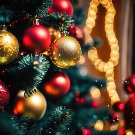 Close-UP of Christmas Tree, Red and Golden Ornaments against a Defocused Lights Backgroundの素材