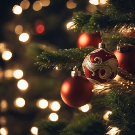 Close-UP of Christmas Tree, Red Ornaments against a Defocused Lights Backgroundの素材