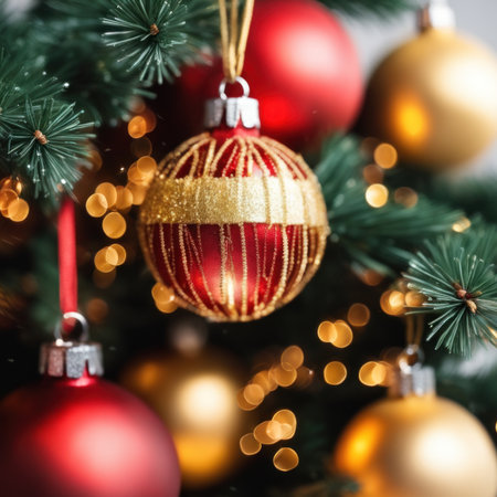 Close-UP of Christmas Tree, Red and Golden Ornaments against a Defocused Lights Backgroundの素材