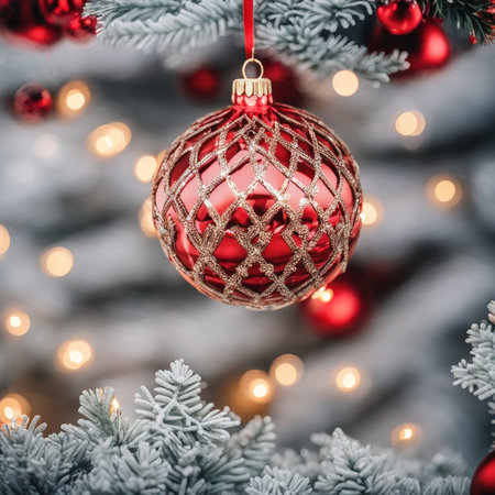 Close-UP of Christmas Tree, Red Ornaments against a Defocused Lights Backgroundの素材