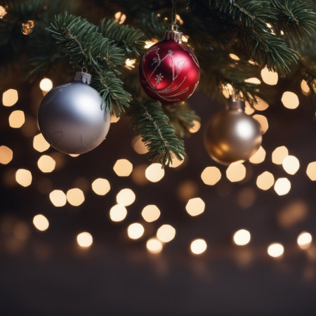 Close-UP of Christmas Tree, Red and silver Ornaments against a Defocused Lights Backgroundの素材
