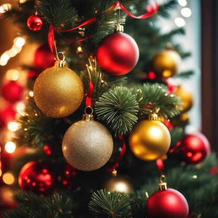 Close-UP of Christmas Tree, Red and Golden Ornaments against a Defocused Lights Backgroundの素材