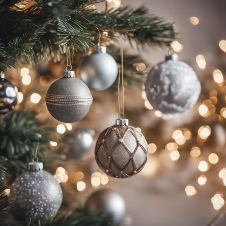 Close-UP of Christmas Tree, Red and silver Ornaments against a Defocused Lights Backgroundの素材