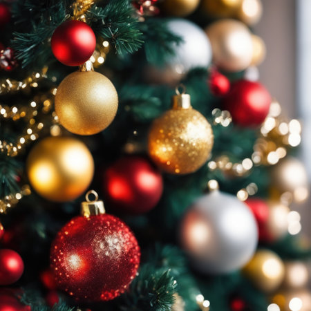 Close-UP of Christmas Tree, Red and Golden Ornaments against a Defocused Lights Backgroundの素材