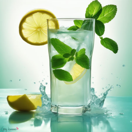 Homemade refreshing lemonade with lemon slice, mint leaves and ice cubes in a glass on a blue color backgroundの素材