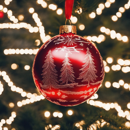 Close-UP of Christmas Tree, Red Ornaments against a Defocused Lights Backgroundの素材