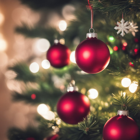 Close-UP of Christmas Tree, Red Ornaments against a Defocused Lights Backgroundの素材