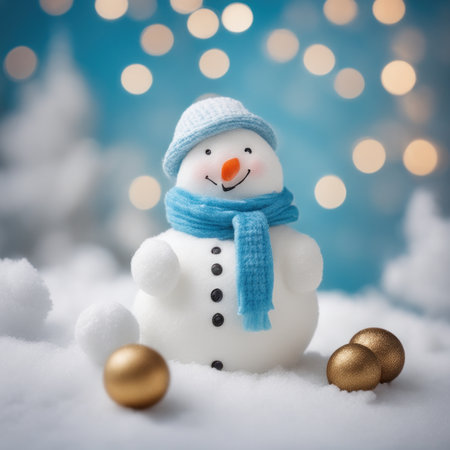 Cute snowman wearing blue scarf on a snowy area and bokeh light backgroundの素材