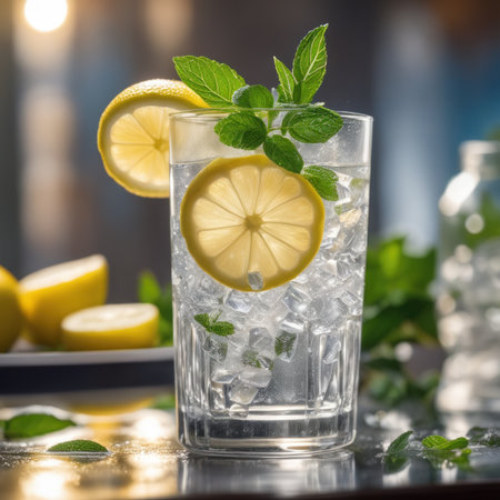 Homemade refreshing lemonade with lemon slice, mint leaves and ice cubes in a glass with kitchen blurred background,の素材