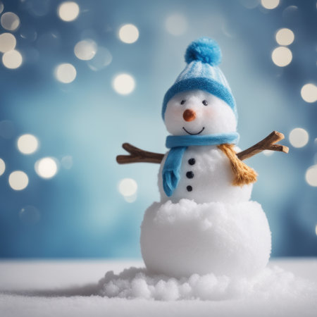 Cute snowman wearing blue scarf on a snowy area and bokeh light backgroundの素材
