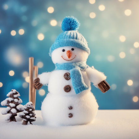 Cute snowman wearing blue scarf on a snowy area and bokeh light backgroundの素材