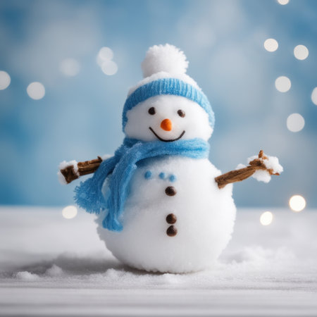Cute snowman wearing blue scarf on a snowy area and bokeh light backgroundの素材