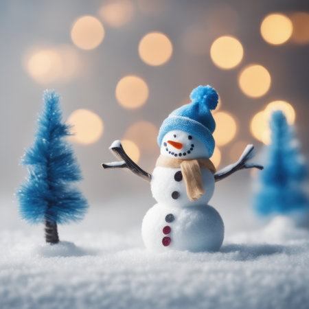 Cute snowman wearing blue scarf on a snowy area and bokeh light backgroundの素材