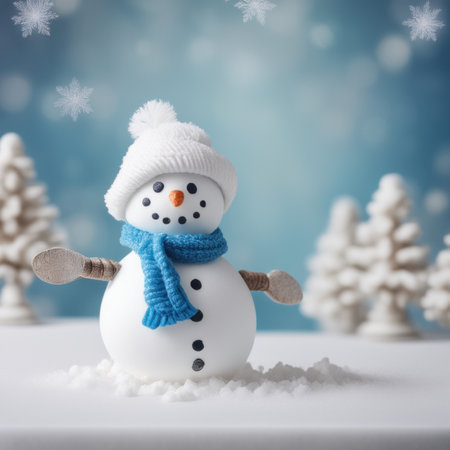 Cute snowman wearing blue scarf on a snowy area and bokeh light backgroundの素材