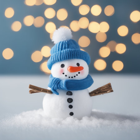 Cute snowman wearing blue scarf on a snowy area and bokeh light backgroundの素材