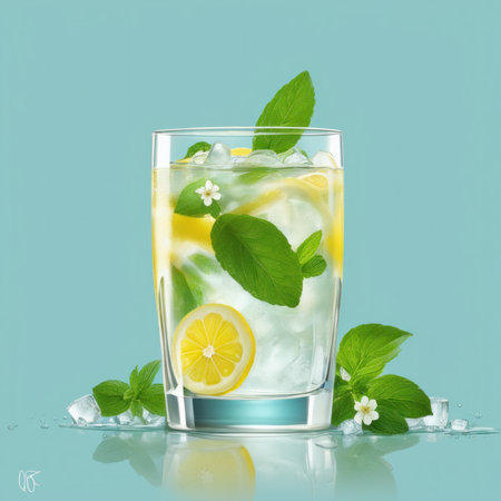 Homemade refreshing lemonade with lemon slice, mint leaves and ice cubes in a glass on a blue color backgroundの素材