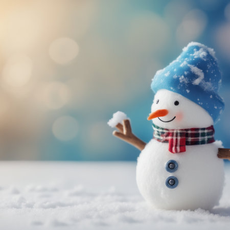Cute snowman wearing blue scarf on a snowy area and bokeh light backgroundの素材