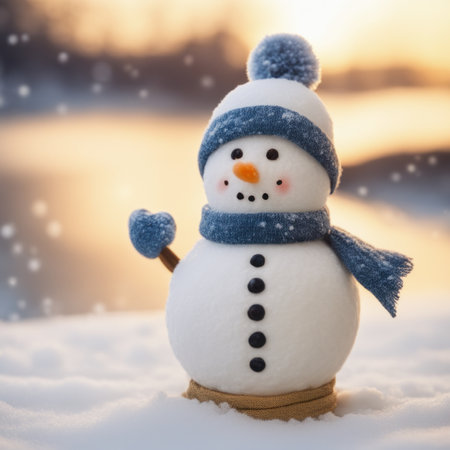 Cute snowman wearing blue scarf on a snowy area and bokeh light backgroundの素材