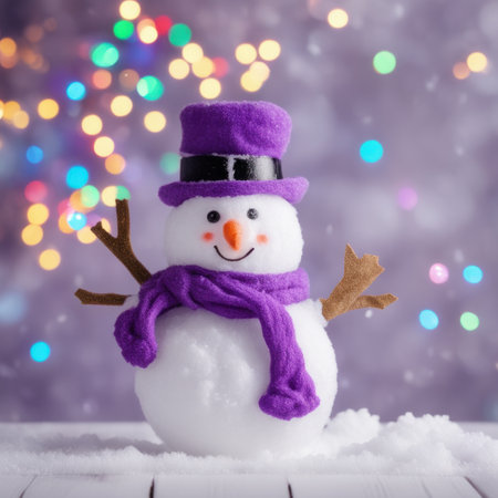 Cute snowman wearing purple scarf on a snowy area and bokeh light backgroundの素材