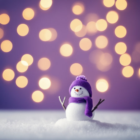 Cute snowman wearing purple scarf on a snowy area and bokeh light backgroundの素材