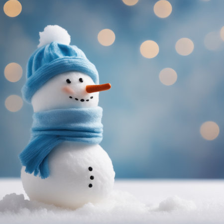Cute snowman wearing blue scarf on a snowy area and bokeh light backgroundの素材