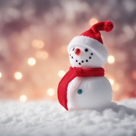 Cute snowman wearing red scarf on a snowy area and bokeh light backgroundの素材