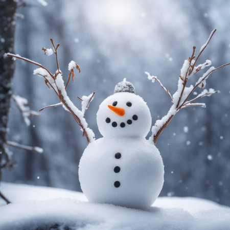A Cute snowman on a snowy area and bokeh snow backgroundの素材