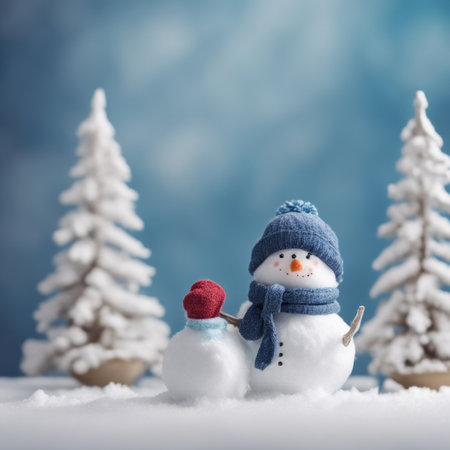 Cute snowman wearing blue scarf on a snowy area and bokeh light backgroundの素材