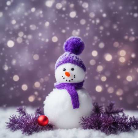 Cute snowman wearing purple scarf on a snowy area and bokeh light backgroundの素材