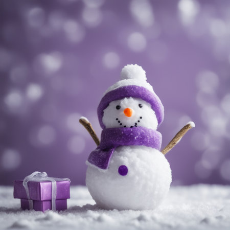 Cute snowman wearing purple scarf on a snowy area and bokeh light backgroundの素材