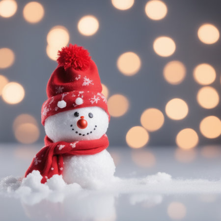Cute snowman wearing red scarf on a snowy area and bokeh light backgroundの素材