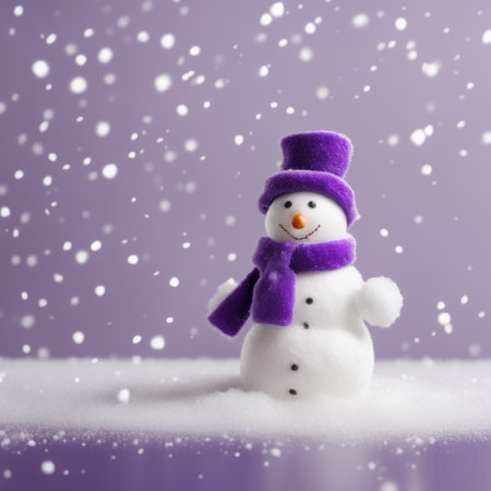 Cute snowman wearing purple scarf on a snowy area and bokeh light backgroundの素材