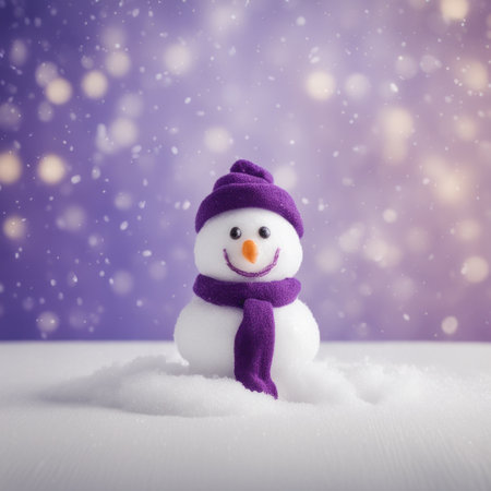 Cute snowman wearing purple scarf on a snowy area and bokeh light backgroundの素材