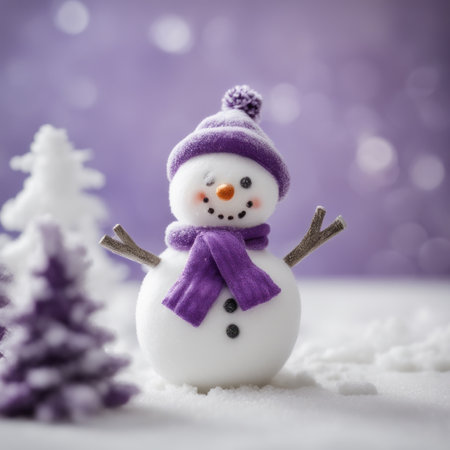 Cute snowman wearing purple scarf on a snowy area and bokeh light backgroundの素材