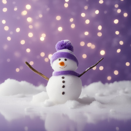 Cute snowman wearing purple scarf on a snowy area and bokeh light backgroundの素材