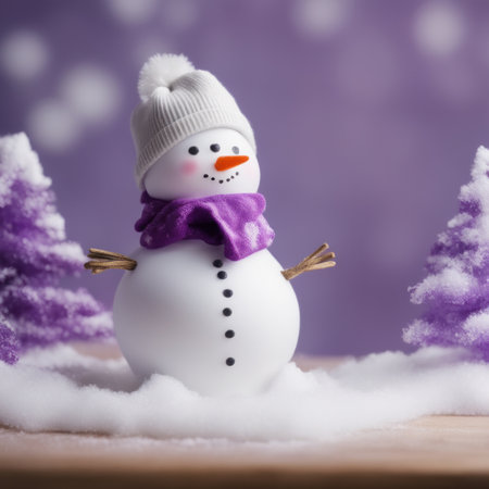 Cute snowman wearing purple scarf on a snowy area and bokeh light backgroundの素材