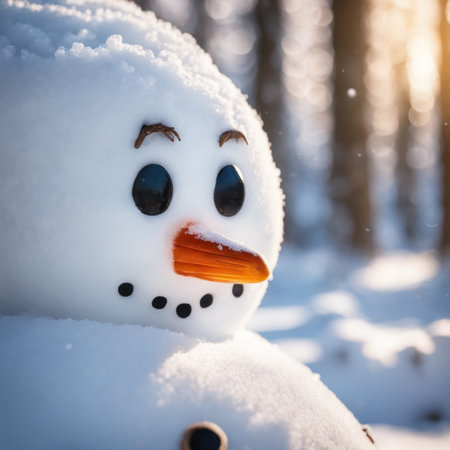 A Cute snowman on a snowy area and bokeh snow backgroundの素材