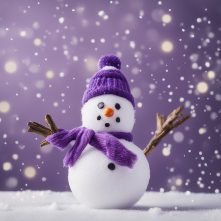 Cute snowman wearing purple scarf on a snowy area and bokeh light backgroundの素材