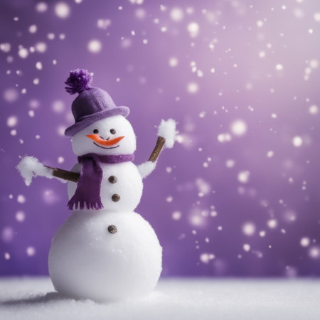 Cute snowman wearing purple scarf on a snowy area and bokeh light backgroundの素材
